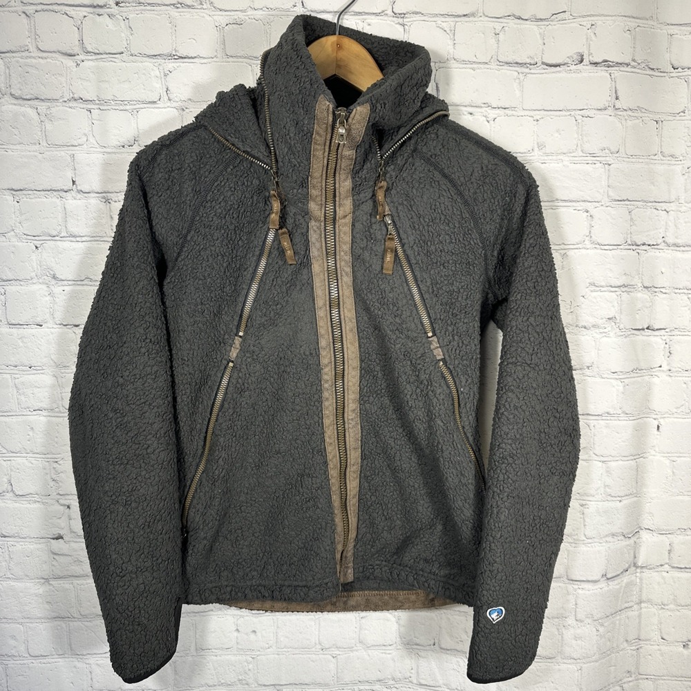 Kuhl Flight Jacket Womens Small Black Fleece Hooded Full Zip Thumbholes‎
